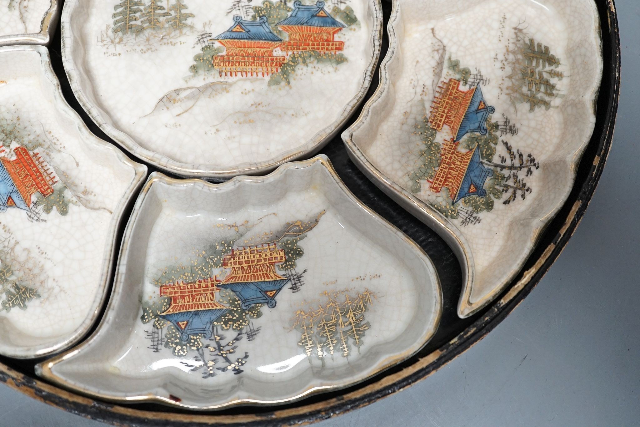 A Japanese green prunus and cracked ice vase and cover and a boxed Satsuma supper set, vase 37cm